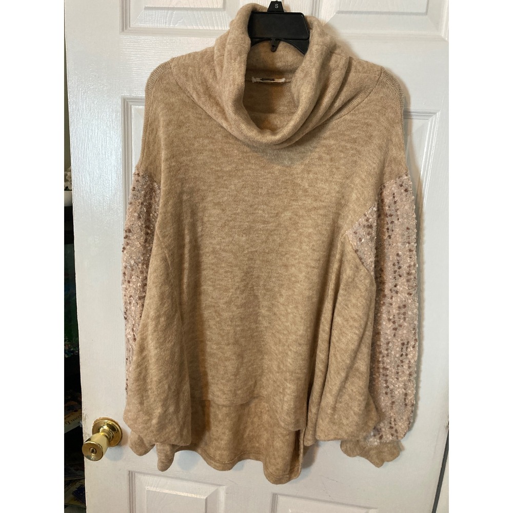 Gimmicks by BKE Cowl Neck Sequin Sleeve High Low Sweater Tan Oatmeal X-L